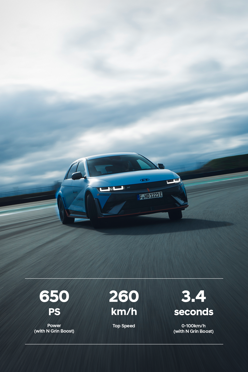 Hyundai IONIQ 5 N driving on a racetrack under dramatic skies, showcasing its performance with specifications of 650 PS, 260 km/h top speed, and 3.4 seconds acceleration from 0-100 km/h.
