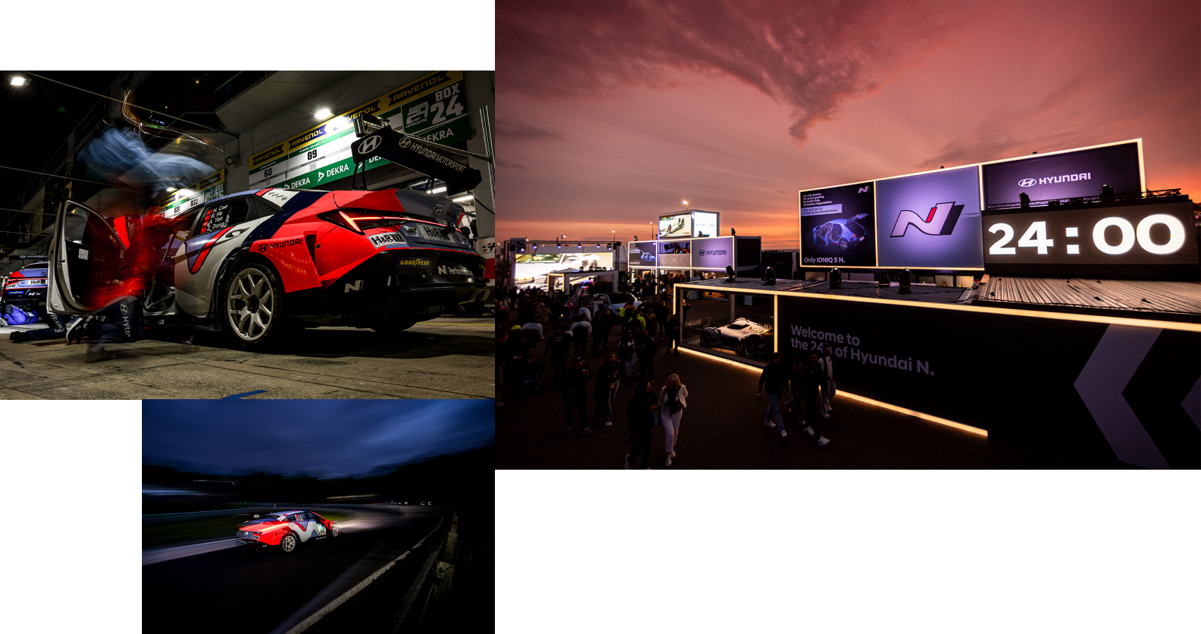 Hyundai Elantra TCR in the pits. Hyundai Elantra TCR on the track at night. Hyundai Stand at the  Nürburgring 24-hour race.
