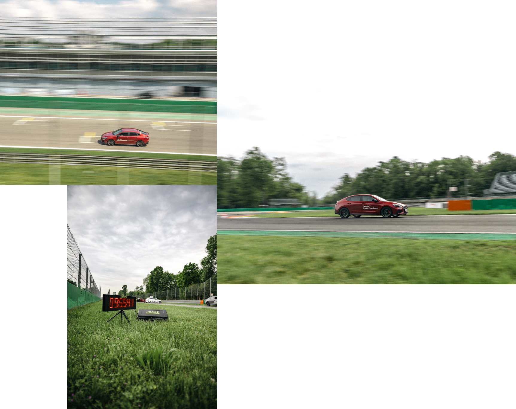 A red Hyundai i30N driving on Monza circuit. Digital timer displaying 09:55:41 on grass beside Monza racetrack and Hyundai cars visible on the track in the background.
